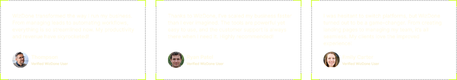 Three client testimonials with profile pictures on a black background, showcasing how WizDone improved business productivity, customer satisfaction, and streamlined operations.